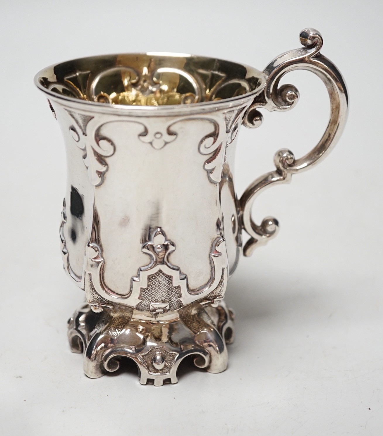 A Victorian silver gothic style christening mug, Henry Wilkinson & Co, Sheffield, 1847, height, 11.3cm, 4.3 oz.